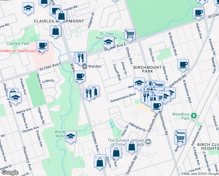 map of restaurants, bars, coffee shops, grocery stores, and more near 11 Trinnell Boulevard in Toronto