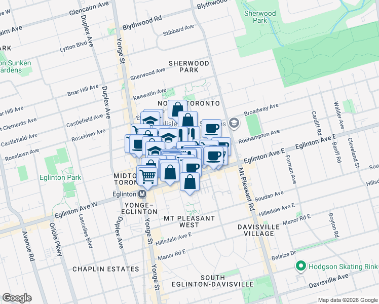 map of restaurants, bars, coffee shops, grocery stores, and more near 150 Roehampton Avenue in Toronto