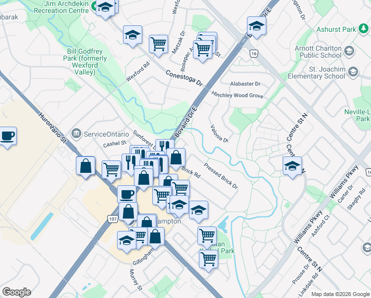 map of restaurants, bars, coffee shops, grocery stores, and more near 2 Clay Brick Court in Brampton
