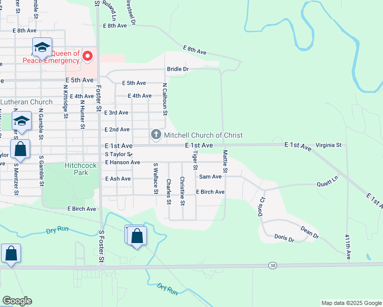 map of restaurants, bars, coffee shops, grocery stores, and more near 1717 East 1st Avenue in Mitchell