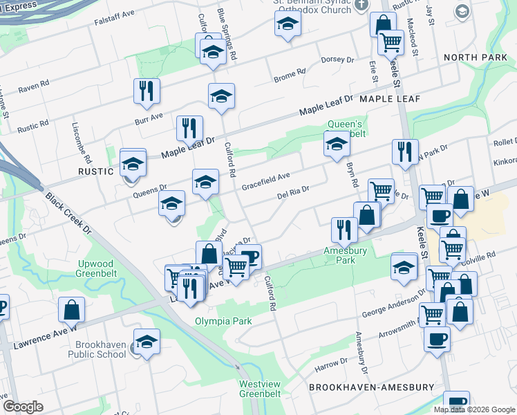 map of restaurants, bars, coffee shops, grocery stores, and more near in Toronto