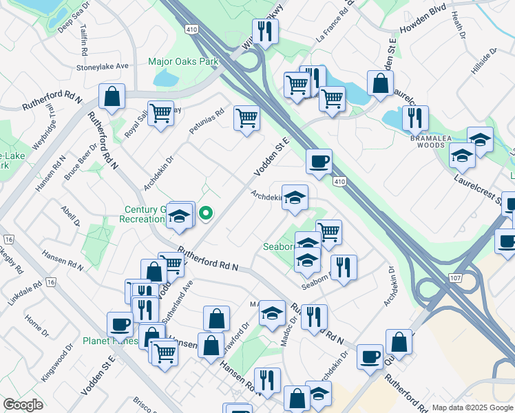 map of restaurants, bars, coffee shops, grocery stores, and more near 88 Carberry Crescent in Brampton