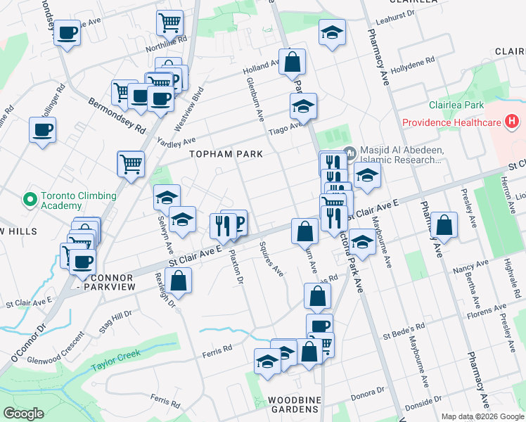 map of restaurants, bars, coffee shops, grocery stores, and more near 2B Holmstead Avenue in Toronto
