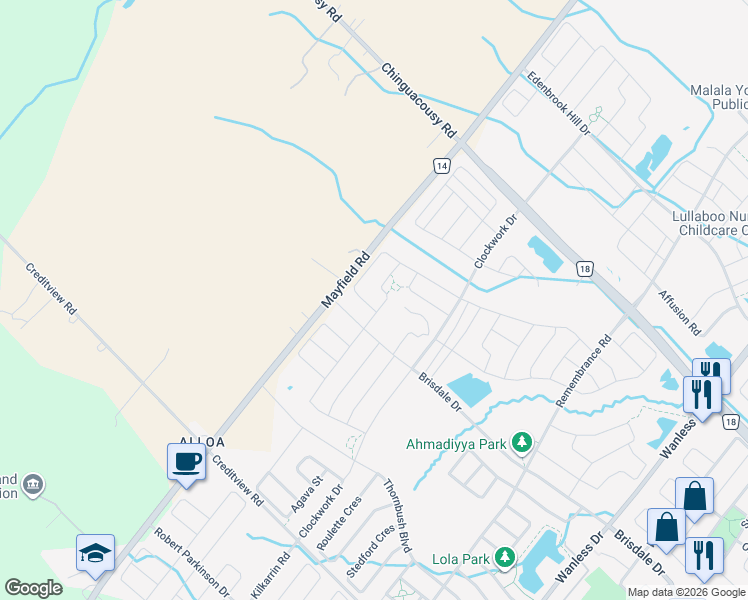 map of restaurants, bars, coffee shops, grocery stores, and more near 82 Boathouse Road in Brampton