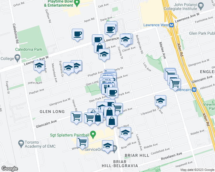 map of restaurants, bars, coffee shops, grocery stores, and more near Dufferin Street in Toronto
