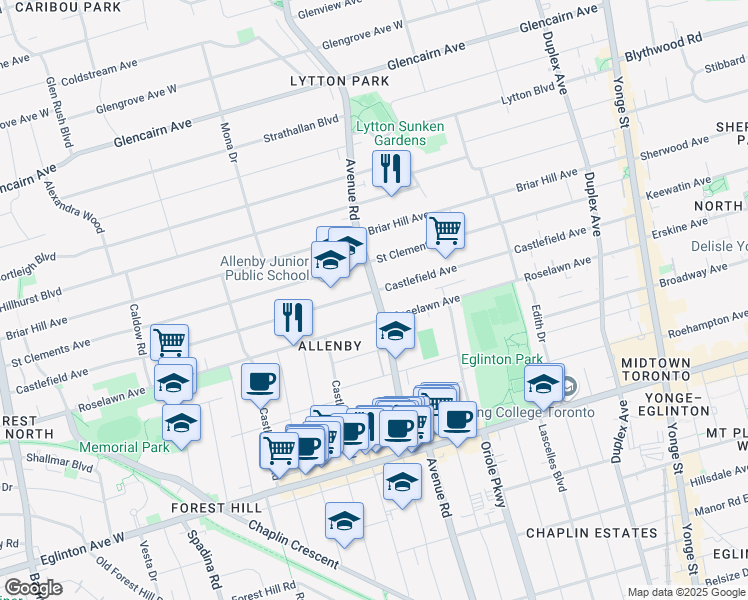 map of restaurants, bars, coffee shops, grocery stores, and more near 1130 Avenue Road in Toronto