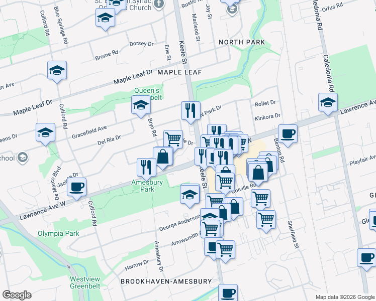 map of restaurants, bars, coffee shops, grocery stores, and more near 1440 Lawrence Avenue West in Toronto