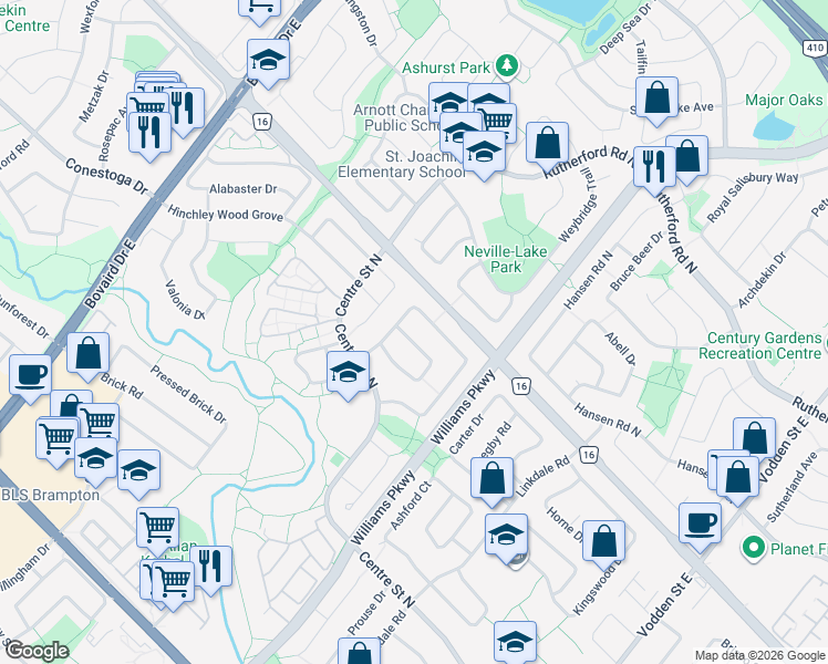 map of restaurants, bars, coffee shops, grocery stores, and more near 82 Camberley Crescent in Brampton