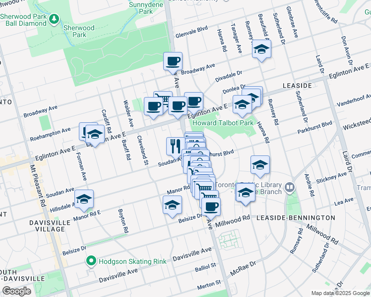 map of restaurants, bars, coffee shops, grocery stores, and more near in Toronto