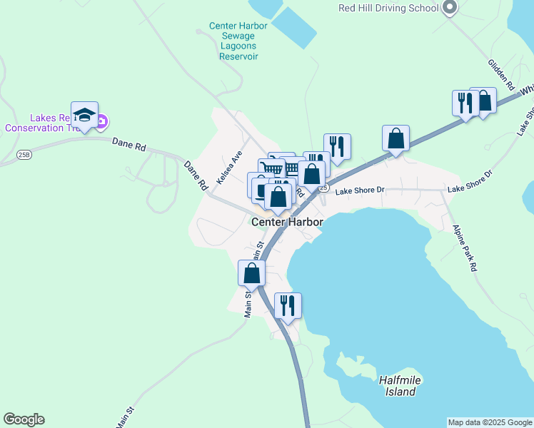 map of restaurants, bars, coffee shops, grocery stores, and more near 36 Main Street in Center Harbor