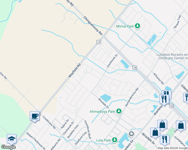 map of restaurants, bars, coffee shops, grocery stores, and more near 11 Clunburry Road in Brampton