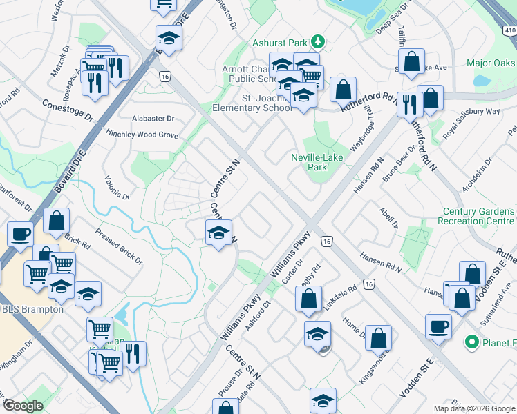 map of restaurants, bars, coffee shops, grocery stores, and more near 82 Camberley Crescent in Brampton