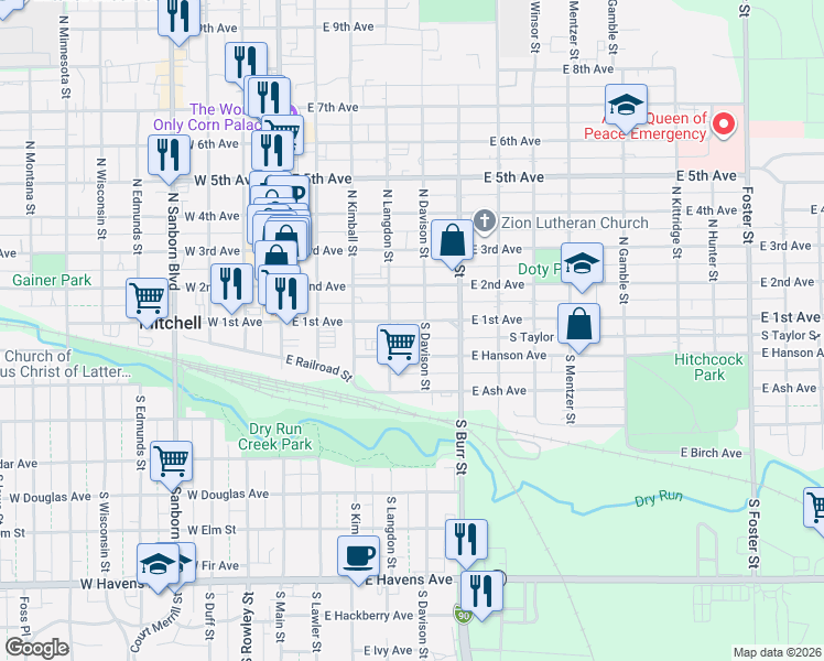 map of restaurants, bars, coffee shops, grocery stores, and more near 400-498 East Hanson Street in Mitchell