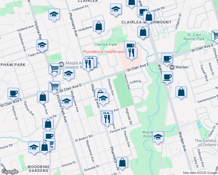 map of restaurants, bars, coffee shops, grocery stores, and more near 136 Presley Avenue in Toronto