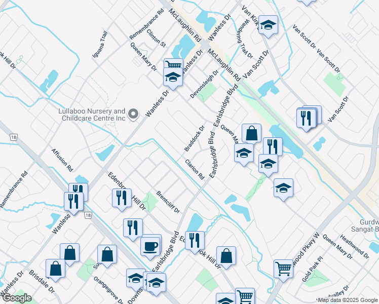 map of restaurants, bars, coffee shops, grocery stores, and more near 27 Braddock Drive in Brampton