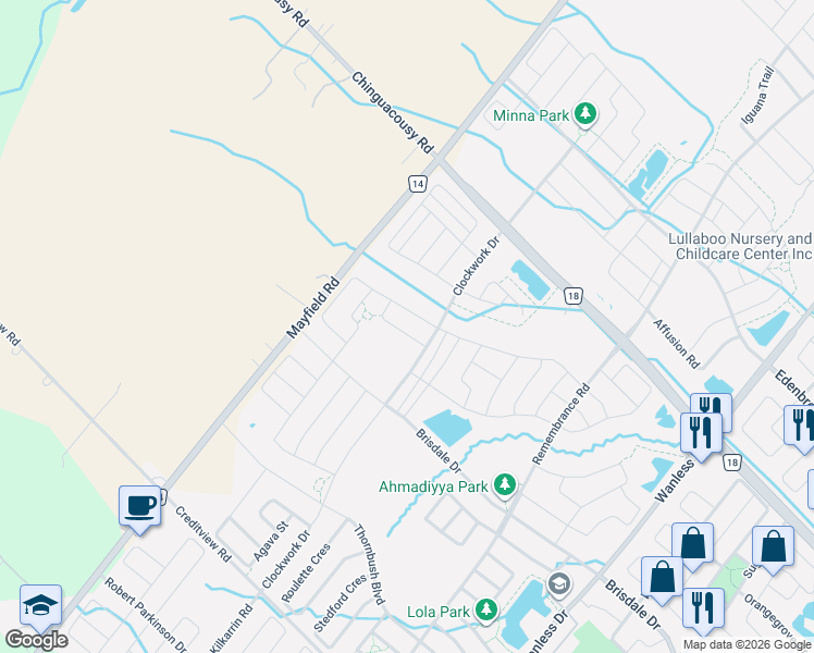 map of restaurants, bars, coffee shops, grocery stores, and more near 11 Clunburry Road in Brampton