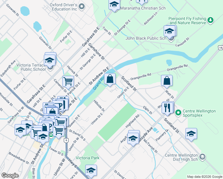 map of restaurants, bars, coffee shops, grocery stores, and more near 200 River Street in Fergus