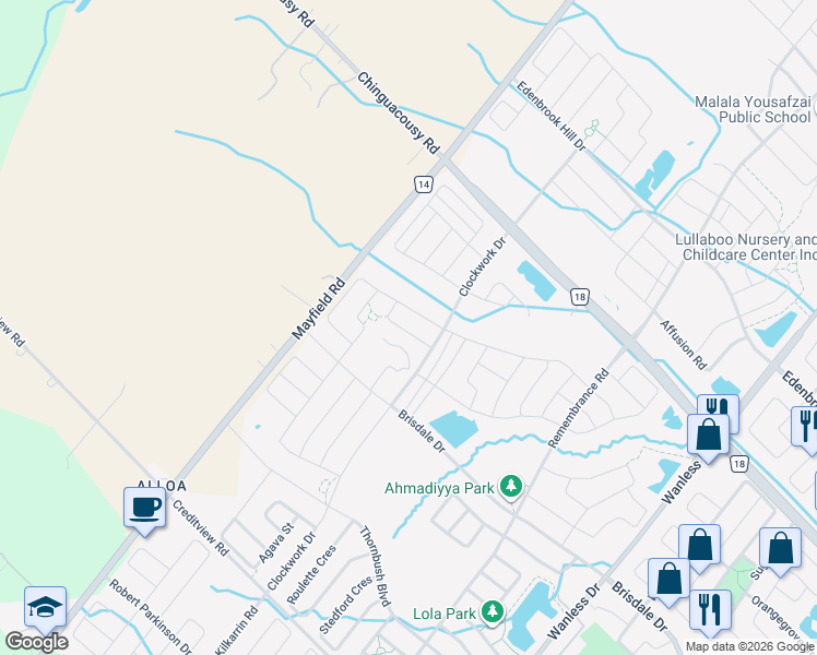 map of restaurants, bars, coffee shops, grocery stores, and more near 22 Clunburry Road in Brampton