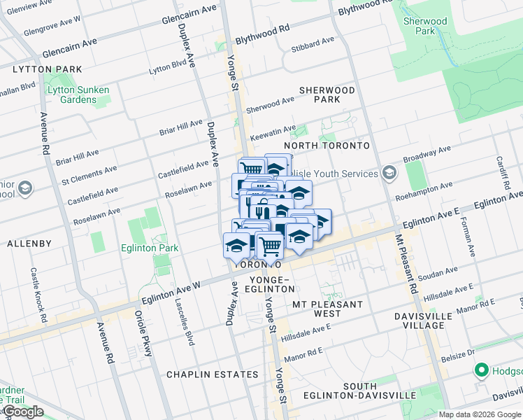 map of restaurants, bars, coffee shops, grocery stores, and more near 2367 Yonge Street in Toronto