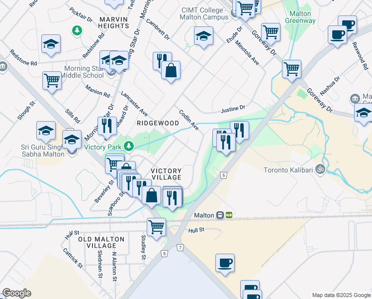 map of restaurants, bars, coffee shops, grocery stores, and more near 3158 Merritt Avenue in Mississauga