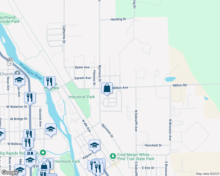 map of restaurants, bars, coffee shops, grocery stores, and more near 1600 Milton Avenue in Big Rapids
