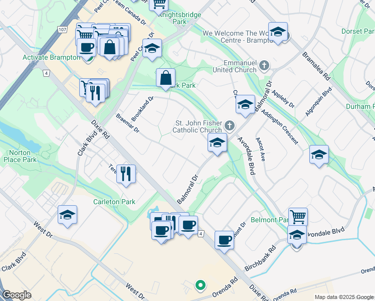 map of restaurants, bars, coffee shops, grocery stores, and more near 18 Braeburn Court in Brampton