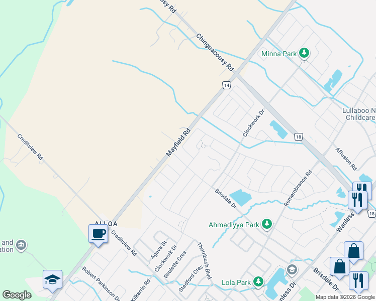 map of restaurants, bars, coffee shops, grocery stores, and more near 74 Boathouse Road in Brampton