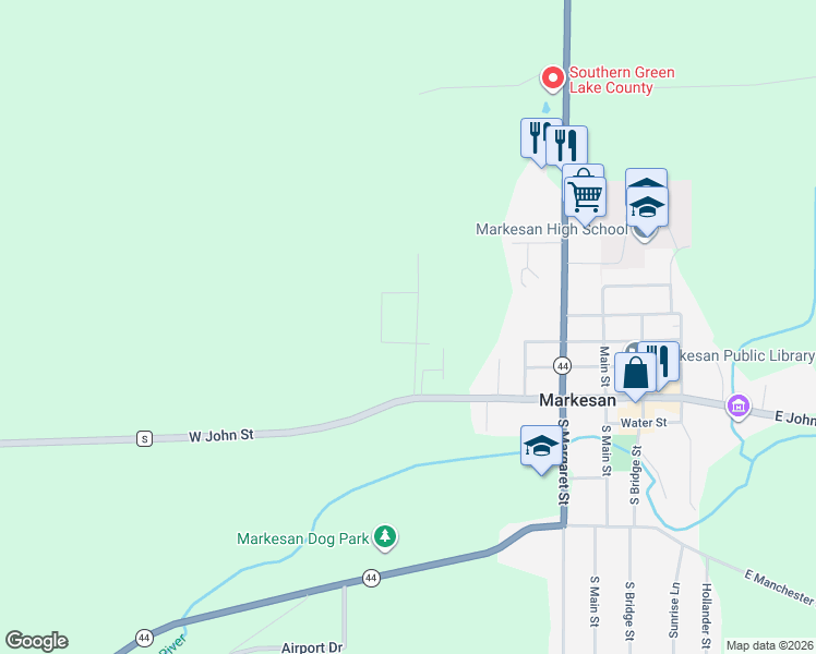 map of restaurants, bars, coffee shops, grocery stores, and more near 109 Moorland Drive in Markesan