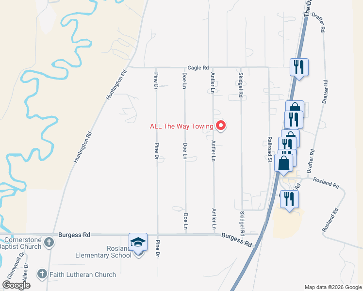 map of restaurants, bars, coffee shops, grocery stores, and more near 52582 Doe Lane in La Pine