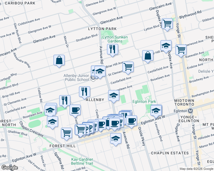 map of restaurants, bars, coffee shops, grocery stores, and more near 1136 Avenue Road in Toronto