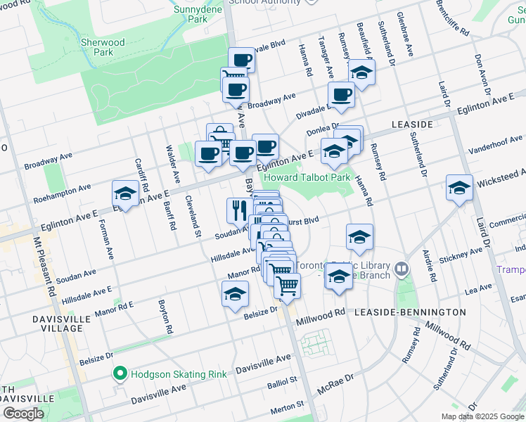 map of restaurants, bars, coffee shops, grocery stores, and more near in Toronto