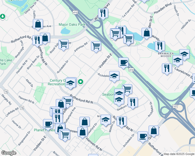 map of restaurants, bars, coffee shops, grocery stores, and more near in Brampton