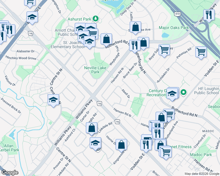map of restaurants, bars, coffee shops, grocery stores, and more near 409 Hansen Road North in Brampton