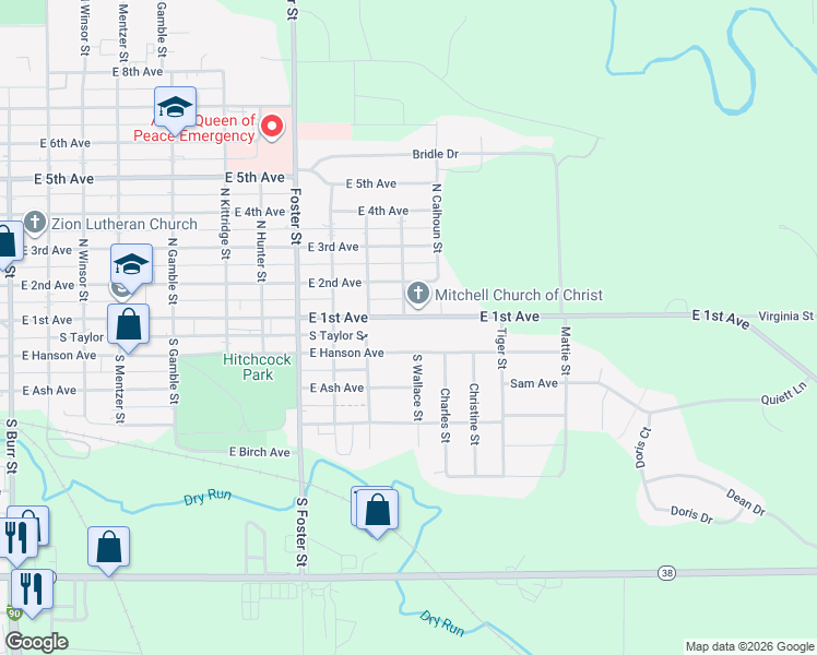 map of restaurants, bars, coffee shops, grocery stores, and more near 1600 East 1st Avenue in Mitchell
