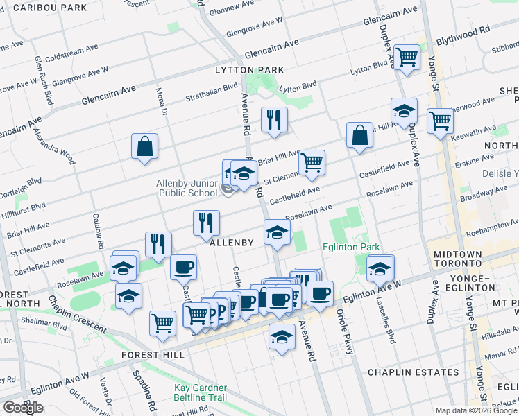 map of restaurants, bars, coffee shops, grocery stores, and more near 1136 Avenue Road in Toronto