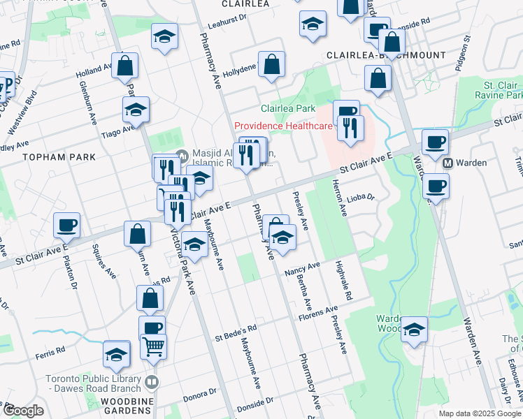 map of restaurants, bars, coffee shops, grocery stores, and more near 615 Pharmacy Avenue in Toronto