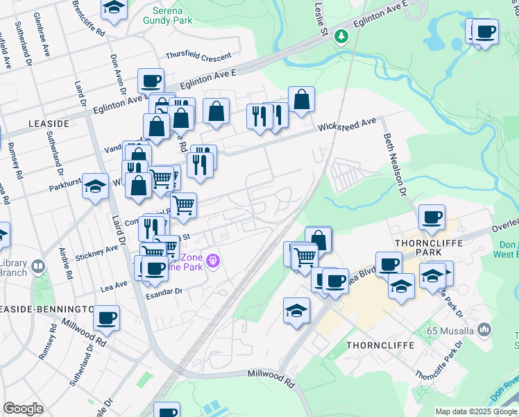 map of restaurants, bars, coffee shops, grocery stores, and more near 55 Industrial Street in Toronto