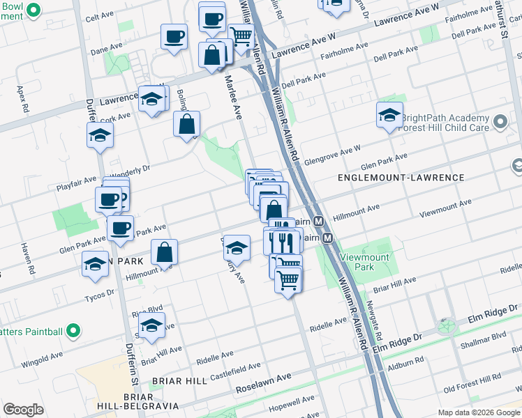 map of restaurants, bars, coffee shops, grocery stores, and more near 602 Marlee Avenue in Toronto
