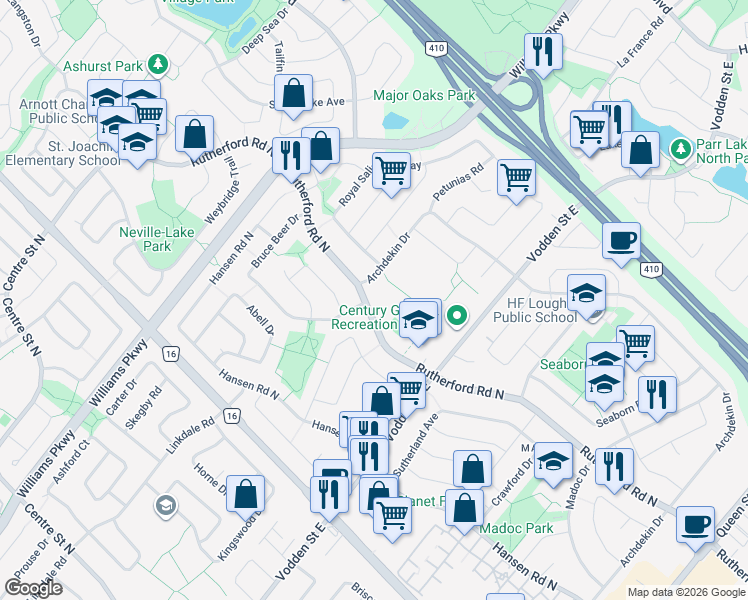 map of restaurants, bars, coffee shops, grocery stores, and more near 459 Archdekin Drive in Brampton