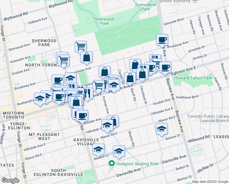 map of restaurants, bars, coffee shops, grocery stores, and more near 393 Eglinton Avenue East in Toronto