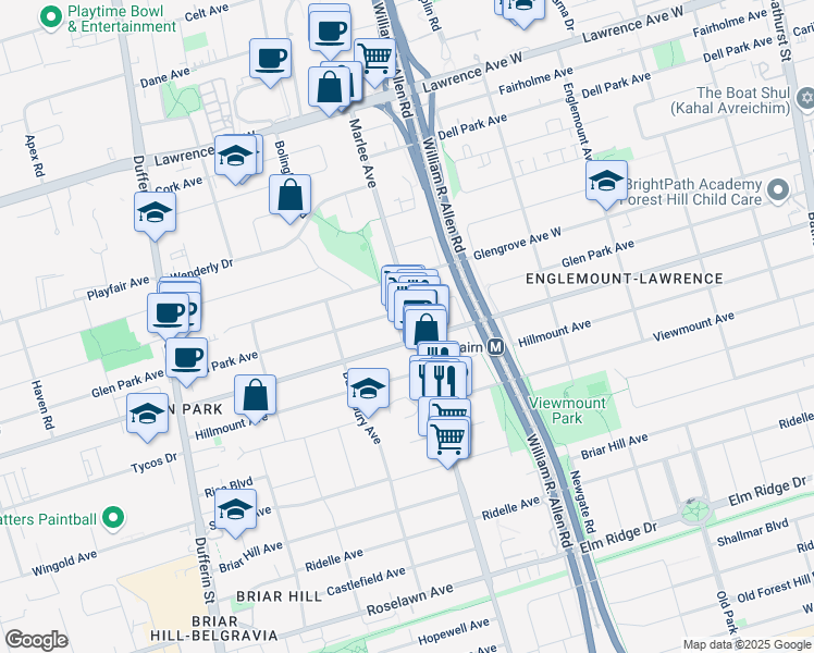 map of restaurants, bars, coffee shops, grocery stores, and more near 598 Marlee Avenue in Toronto