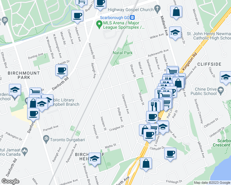 map of restaurants, bars, coffee shops, grocery stores, and more near 117 Phillip Avenue in Toronto