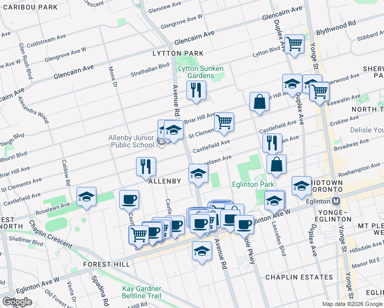 map of restaurants, bars, coffee shops, grocery stores, and more near in Toronto