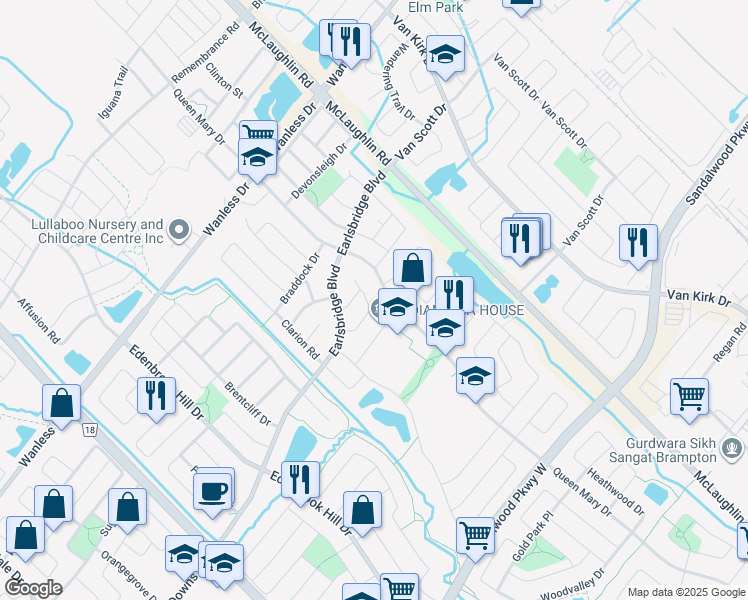 map of restaurants, bars, coffee shops, grocery stores, and more near 38 Lockburn Crescent in Brampton