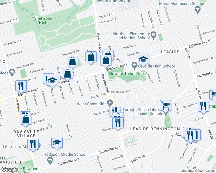 map of restaurants, bars, coffee shops, grocery stores, and more near 1751 Bayview Avenue in Toronto