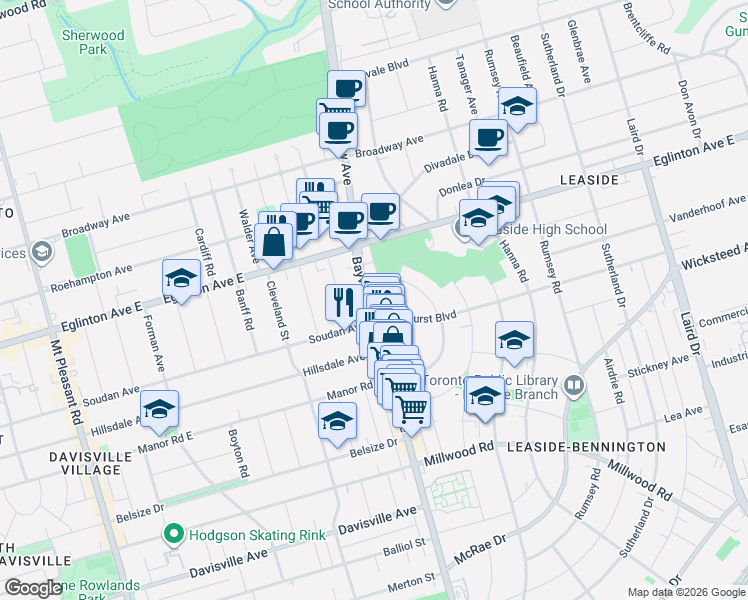 map of restaurants, bars, coffee shops, grocery stores, and more near 1751 Bayview Avenue in Toronto