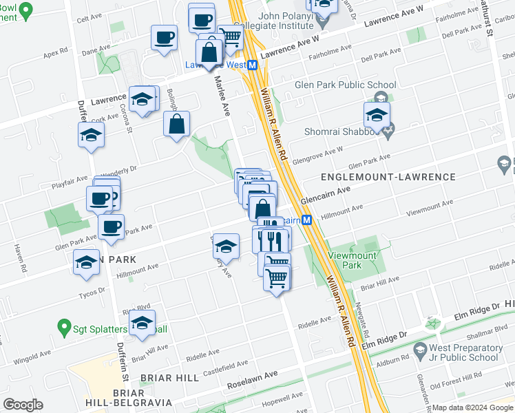 map of restaurants, bars, coffee shops, grocery stores, and more near 230 Glen Park Avenue in Toronto