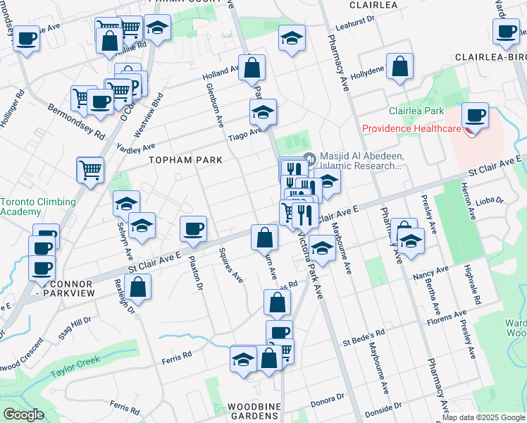 map of restaurants, bars, coffee shops, grocery stores, and more near in Toronto