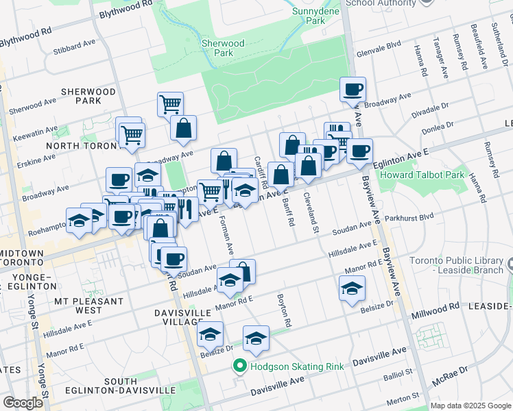 map of restaurants, bars, coffee shops, grocery stores, and more near in Toronto