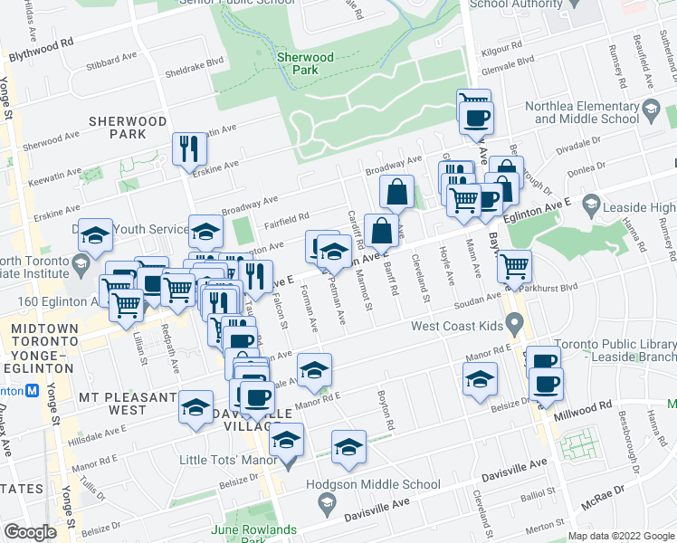 map of restaurants, bars, coffee shops, grocery stores, and more near 444 Eglinton Avenue East in Toronto